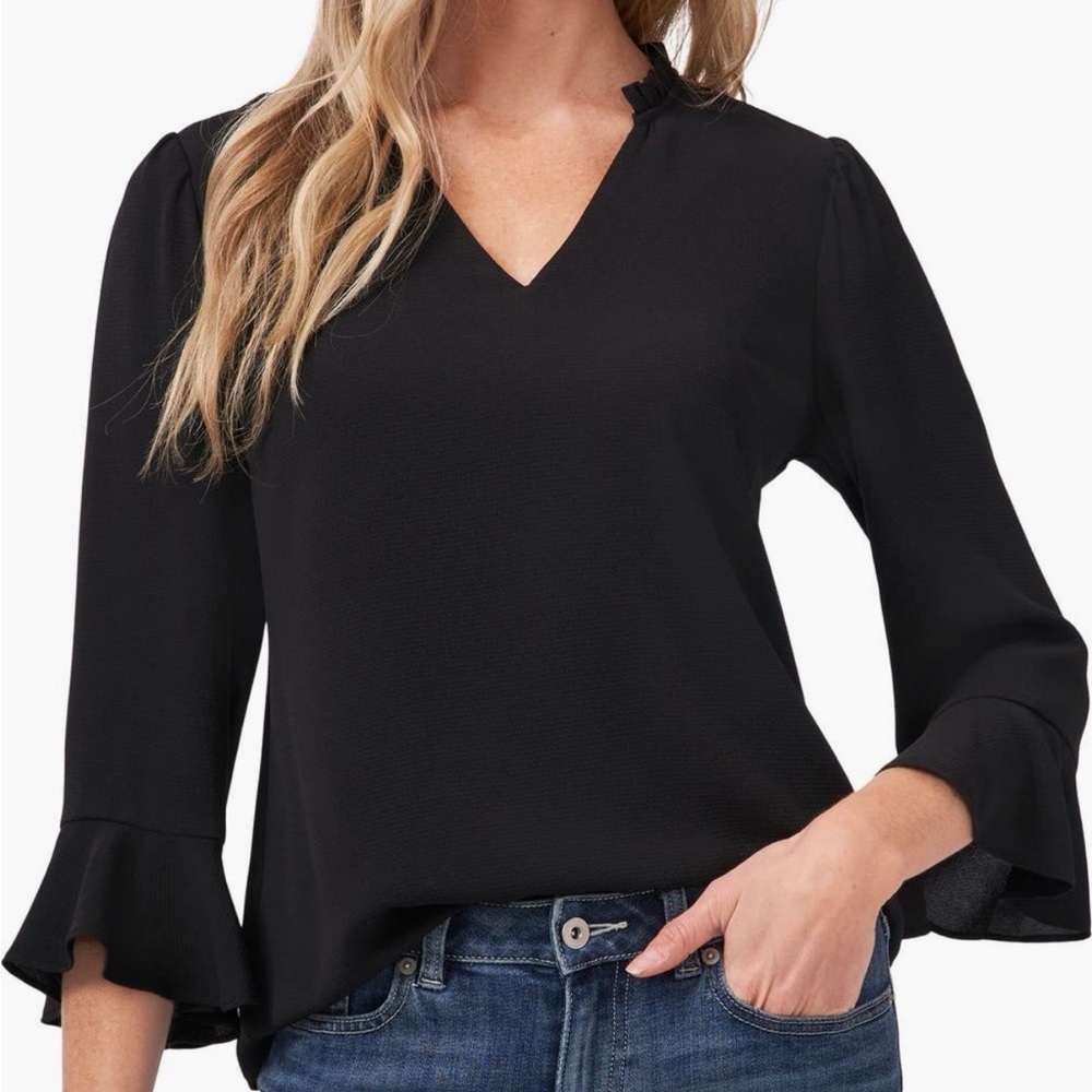 CeCe Ruffle Cuff Crepe Blouse Medium Black Career Wardrobe Desk to Dinner New!